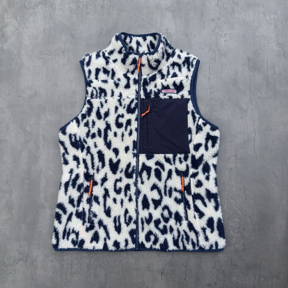 Vineyard Vines Women’s S Leopard Sherpa Fleece Vest SuperShep Navy Cream Zip